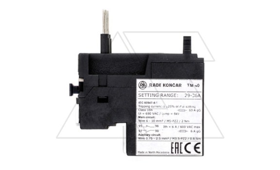 Реле тепловой перегрузки TM 40 - 36A, It=29_36A, 1NO+1NC, CLASS 10A, в комплекте с расширительной клеммой, прямой монтаж для CNN 9_40 Rade Koncar даташит схема