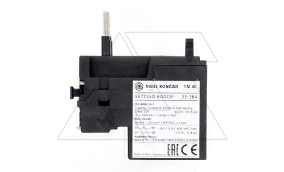 Реле тепловой перегрузки TM 40 - 38A, It=33_38A, 1NO+1NC, CLASS 10A, в комплекте с расширительной клеммой, прямой монтаж для CNN 9_40 Rade Koncar даташит схема