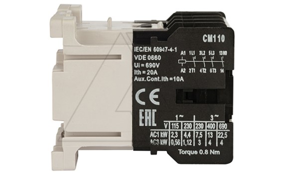 Мини-контактор CM1 10 24V 50Hz, 3P, 9A/(20A по AC-1), 4kW(400VAC), 24VAC, 1NO Rade Koncar даташит схема