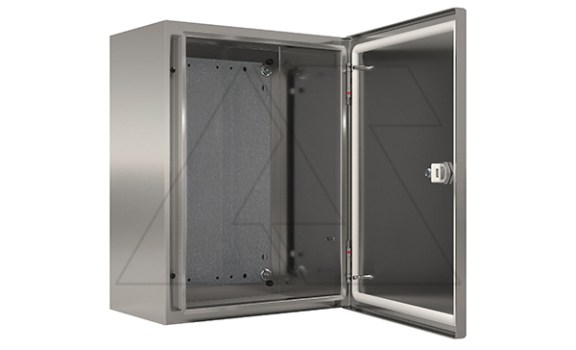 Щит ECOR моноблочный 300x300x200мм (ВxШxГ) из нерж. стали навесной с монт. панелью однодверный, 1 язычковый замок, дно глухое, IP66 ETA даташит схема