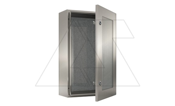 Щит ECOR моноблочный 700x500x250мм (ВxШxГ) из нерж. стали навесной с монт. панелью со стеклянной дверью, 2 язычковых замка, дно глухое, IP66 ETA даташит схема
