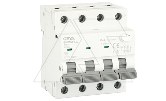 Дифф. авт. выключатель GYR9NM-C10-30mA, 3P+N, 10A, хар-ка C, 6 kA, 30mA, тип A, 4M фото