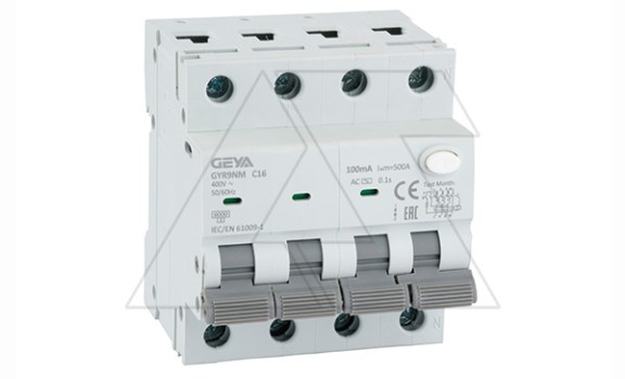 Дифф. авт. выключатель GYR9NM-C16-100mA, 3P+N, 16A, хар-ка C, 6 kA, 100mA, тип AC, 4M фото