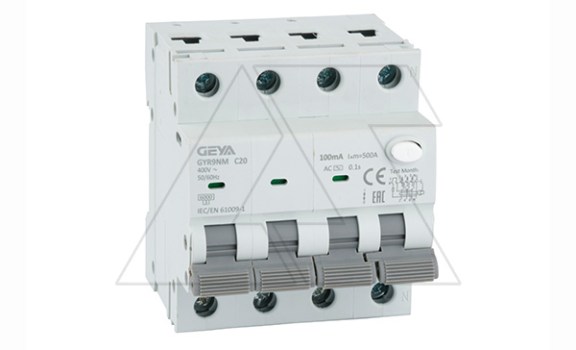 Дифф. авт. выключатель GYR9NM-C20-100mA, 3P+N, 20A, хар-ка C, 6 kA, 100mA, тип AC, 4M фото
