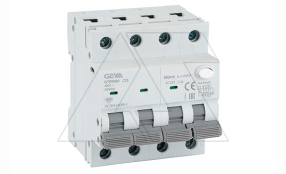 Дифф. авт. выключатель GYR9NM-C25-100mA, 3P+N, 25A, хар-ка C, 6 kA, 100mA, тип AC, 4M фото