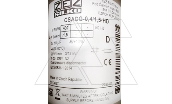 Конденсатор CSADG-0,4/1,5-HD, трехфазный, 1.5kVAr, 400VAC, MKP заполненный газом, клеммник S=16mm², с разрядными резисторами, тяжелый режим, IP20 ZEZ Silko даташит схема