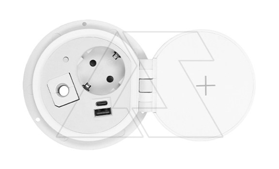 Блок розеточный встраиваемый d=80мм, 2хUSB Type A+C 5V 2,4A + 2P+E ,беспроводная зарядка, сменный модуль RJ/HDMI/USB, 3680вт, кабель 1,8м, белый ORNO даташит схема