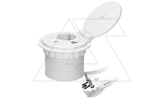 Блок розеточный встраиваемый d=80мм, 2хUSB Type A+C 5V 2,4A + 2P+E ,беспроводная зарядка, сменный модуль RJ/HDMI/USB, 3680вт, кабель 1,8м, белый фото