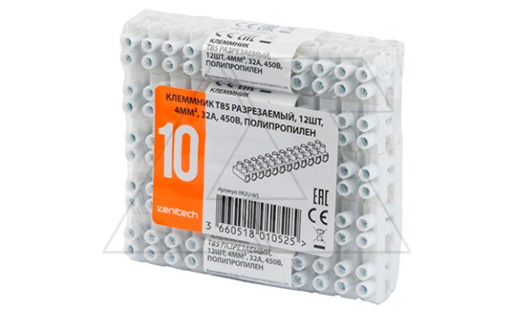 Клеммник T85 разрезаемый, 12шт, 4mm², 32A, 450V, полипропилен, белый Zenitech даташит схема