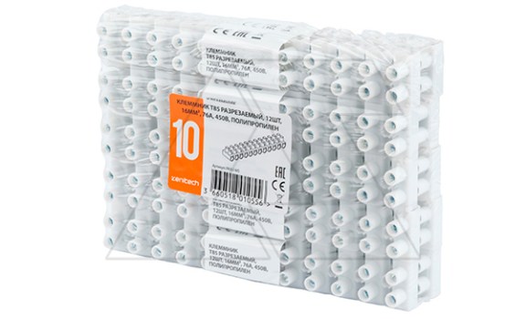 Клеммник T85 разрезаемый, 12шт, 16mm², 76A, 450V, полипропилен, белый Zenitech даташит схема