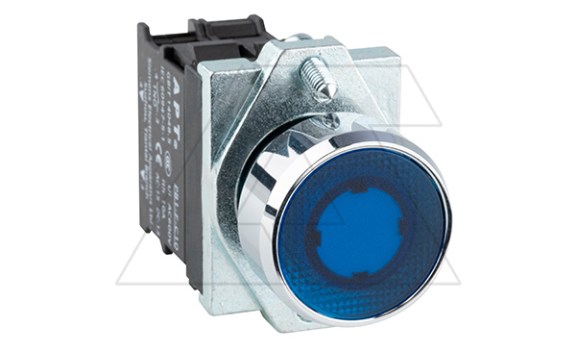 Кнопка плоская PB1S, синяя, без фиксации, 1NO, 6A 230VAC/24VDC, с подсветкой 24VAC/DC, 22mm, IP65 фото