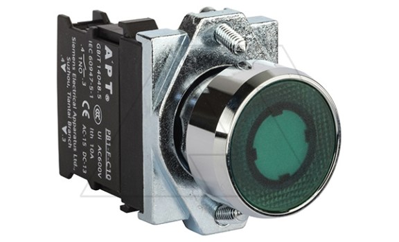 Кнопка плоская PB1S, зеленая, с фиксацией, с подсветкой без LED, 1NO, 6A 230VAC/24VDC, 22mm, IP65 фото