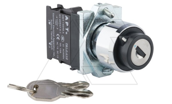 Переключатель PB1S, с ключом, 0<-I, возврат, ключ выним. в 0, 1NO, 6A 230VAC/24VDC, 22mm, IP65 фото