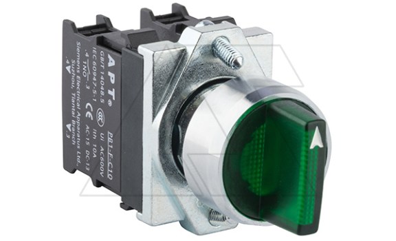 Переключатель PB1S, зеленый, I-0-II, фиксация, 2NO, 6A 230VAC/24VDC, с подсветкой без LED, 22mm, IP65 фото