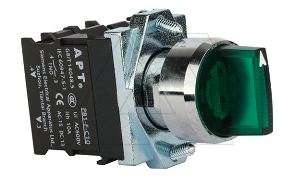 Переключатель PB1S, зеленый, I-0-II, фиксация, 2NO, 6A 230VAC/24VDC, с подсветкой 24VAC/DC, 22mm, IP65 фото