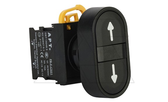 Кнопка двойная PB3E, черный/черный, стрелка вверх/вниз, 1NO+1NC, 6A 230VAC/24VDC, без подсветки, 22mm, IP65 фото