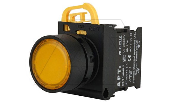 Кнопка плоская PB3E, желтая, с фиксацией, с подсветкой без LED, 1NO, 6A 230VAC/24VDC, 22mm, IP65 фото
