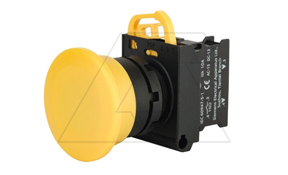 Кнопка грибовидная 40mm PB3E, желтая, с фиксацией, без подсветки, 1NO, 6A 230VAC/24VDC, 22mm, IP65 фото