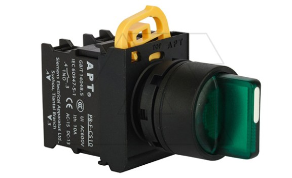 Переключатель PB3E, зеленый, I-0-II, фиксация, 2NO, 6A 230VAC/24VDC, с подсветкой без LED, 22mm, IP65 фото