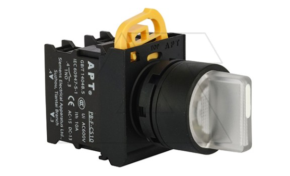 Переключатель PB3E, белый, I->0<-II, возврат, 2NO, 6A 230VAC/24VDC, с подсветкой без LED, 22mm, IP65 фото