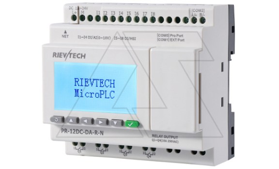 Программируемый логический контроллер PR-12DC-DA-R-N, 12_24VDC, 8DI(4AI), 4RO, RTC, SD, RS485, Ethernet, ЖКИ Rievtech даташит схема