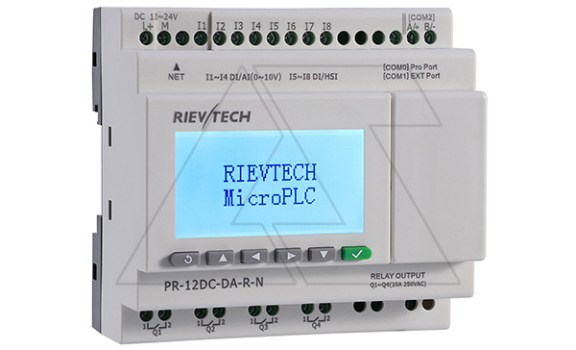 Программируемый логический контроллер PR-12DC-DA-R-N, 12_24VDC, 8DI(4AI), 4RO, RTC, SD, RS485, Ethernet, ЖКИ Rievtech даташит схема