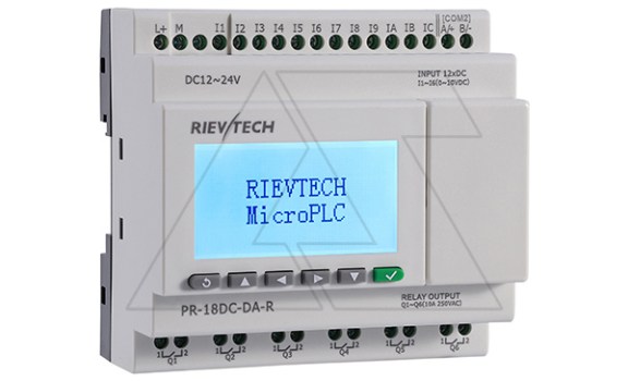 Программируемый логический контроллер PR-18DC-DA-R, 12_24VDC, 12DI(6AI), 6RO, RTC, RS232, RS485, ЖКИ Rievtech даташит схема