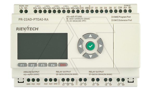 Программируемый логический контроллер PR-22AD-PTDAI-RAI, 12_24VDC, 5xPt1000, 6DI, 1AI(0..20mA/0..10VDC), 6RO, 4AO(0..10VDC), RTC, RS485, ЖКИ, HVAC Rievtech даташит схема