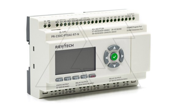 Программируемый логический контроллер PR-23DC-PTDAI-RT-N , 12_24VDC, 3xPt100, 10DI(6AI), 2TO, 8RO, RTC, SD, RS485, Ethernet, ЖКИ Rievtech даташит схема