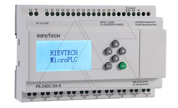 Программируемый логический контроллер PR-24DC-DA-R, 12_24VDC, 14DI(6AI), 10RO, RTC, RS232, RS485, ЖКИ Rievtech даташит схема