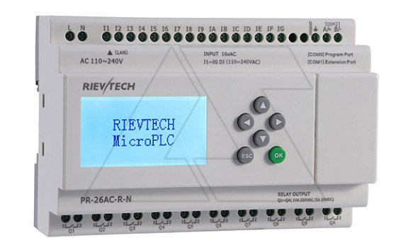 Программируемый логический контроллер PR-26AC-R-N, 110_240VAC, 16DI, 10 RO, RTC, SD, RS485, Ethernet, ЖКИ Rievtech даташит схема