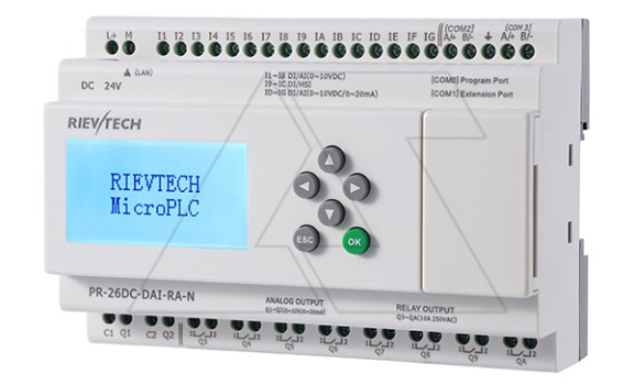 Программируемый логический контроллер PR-26DC-DAI-RA-N, 12_24VDC, 16DI(12AI), 2AO, 8RO, RTC, SD, RS485, Ethernet, ЖКИ Rievtech даташит схема