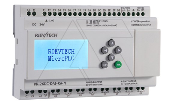 Программируемый логический контроллер PR-26DC-DAI-RA-N, 12_24VDC, 16DI(12AI), 2AO, 8RO, RTC, SD, RS485, Ethernet, ЖКИ Rievtech даташит схема
