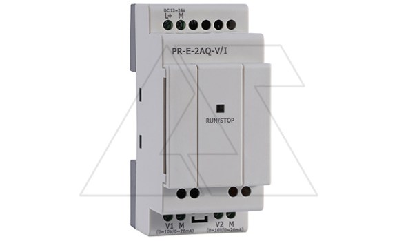Модуль расширения PR-E-AQ-VI, 12_24VDC, 2AO, 0-10V, 0/4-20mA, для ПЛК серий SR и PR Rievtech даташит схема