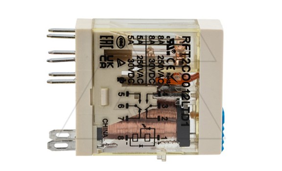 Реле RFT2CO012LTD1, 2CO, 8A(250VAC/30VDC), 12VDC, мех. индикация, тест-кнопка с блокировкой, диод +A1/-A2, LED Shenler даташит схема