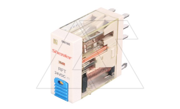 Реле RFT2CO024LT, 2CO, 8A(250VAC/30VDC), 24VDC, мех. индикация, тест-кнопка с блокировкой, LED Shenler даташит схема