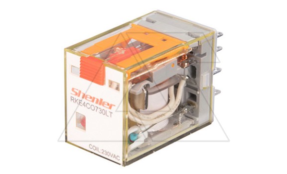 Реле RKE4CO730LT, 4CO, 5A(250VAC/30VDC), 230VAC, мех. индикация, тест-кнопка с блокировкой, LED Shenler даташит схема