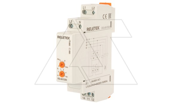 Реле контроля напряжения RS-MV33N/230, 3P+N L-N 230V, 1CO, 8A(250VAC), обрыв, чередование, асимметрия, 0.1_10s, 1M фото