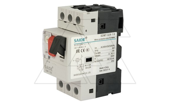 Авт. выключатель SDM7-32X-1.6, 3P, In=1.6A, 690VAC, Icu=100kA, Ie=1_1.6A, Ii=12In, CLASS 10A, управление кнопками Saide даташит схема