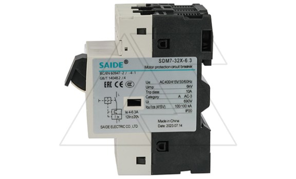 Авт. выключатель SDM7-32X-6.3, 3P, In=6.3A, 690VAC, Icu=100kA, Ie=4_6.3A, Ii=12In, CLASS 10A, управление кнопками Saide даташит схема