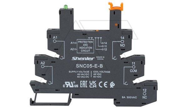 Цоколь SNC05-E-B, 8A(300VAC), черный, (48...60VAC/DC), винтовой зажим, LED, W=6.2mm, на рейку DIN35, для RNC, RM699BV, RSR30, 34.51, 34.81, RSS, HF41F фото