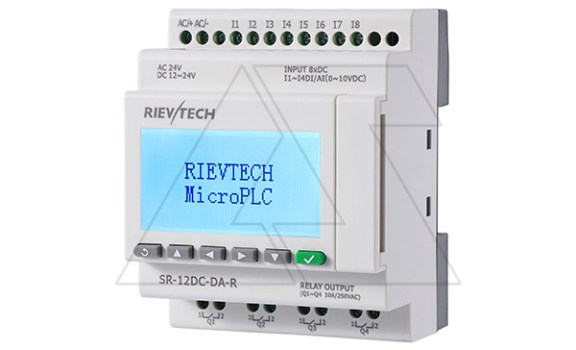 Программируемый логический контроллер SR-12DC-DA-R, 12_24VDC, 8DI(4AI/0_10V), 4RO(10A), RTC, Ethernet, ЖКИ Rievtech даташит схема