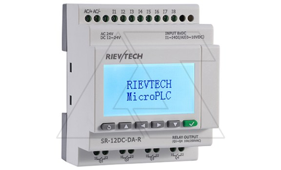 Программируемый логический контроллер SR-12DC-DA-R, 12_24VDC, 8DI(4AI/0_10V), 4RO(10A), RTC, Ethernet, ЖКИ Rievtech даташит схема