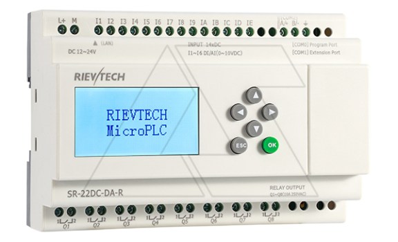 Программируемый логический контроллер SR-22DC-DA-R, 12_24VDC, 14DI(6AI/0_10V), 8RO(10A), RTC, Ethernet, ЖКИ Rievtech даташит схема