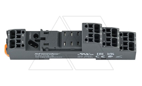 Цоколь SRU08-S, 10A(300V), пружинный зажим, черный, на рейку DIN35, для RFT2CO, 46.52, G2R-2, KRI2 Shenler даташит схема