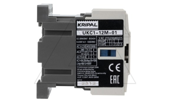 Мини-контактор UKC1-12M-01-230AC, 3P, 12A(AC-3), 20A(AC-1), 5.5kW(400VAC), Uк=230VAC, 1NC Kripal даташит схема