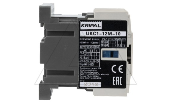 Мини-контактор UKC1-12M-10-230AC, 3P, 12A(AC-3), 20A(AC-1), 5.5kW(400VAC), Uк=230VAC, 1NO Kripal даташит схема
