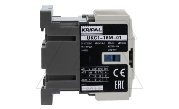 Мини-контактор UKC1-16M-01-230AC, 3P, 16A(AC-3), 20A(AC-1), 7.5kW(400VAC), Uк=230VAC, 1NC Kripal даташит схема