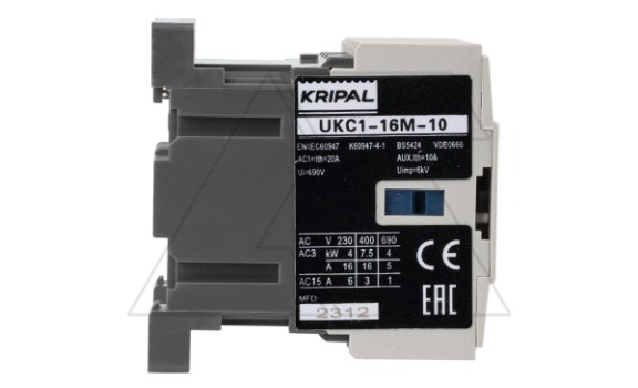 Мини-контактор UKC1-16M-10-24AC, 3P, 16A(AC-3), 20A(AC-1), 7.5kW(400VAC), Uк=24VAC, 1NO Kripal даташит схема