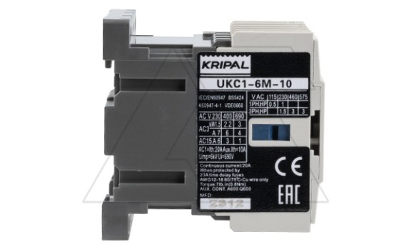 Мини-контактор UKC1-6M-10-230AC, 3P, 6A(AC-3), 20A(AC-1), 2.2kW(400VAC), Uк=230VAC, 1NO Kripal даташит схема